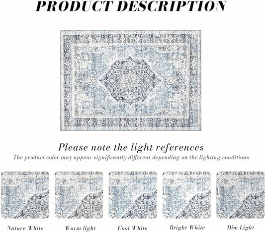 Runner Rug 2×6, Vintage Boho Rug,Ultra-Soft Low Pile, Washable, Non Slip,Stain Resistant Printed Carpet for Hallway Kitchen Living Room Bedrooms Playroom Office, Light Blue