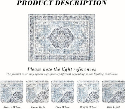 Area Rug 8×10, Large Vintage Boho Rug,Ultra-Soft Low Pile, Washable, Non Slip,Stain Resistant, Printed Carpet for Living Room Bedrooms Playroom Office Kitchen, Light Blue