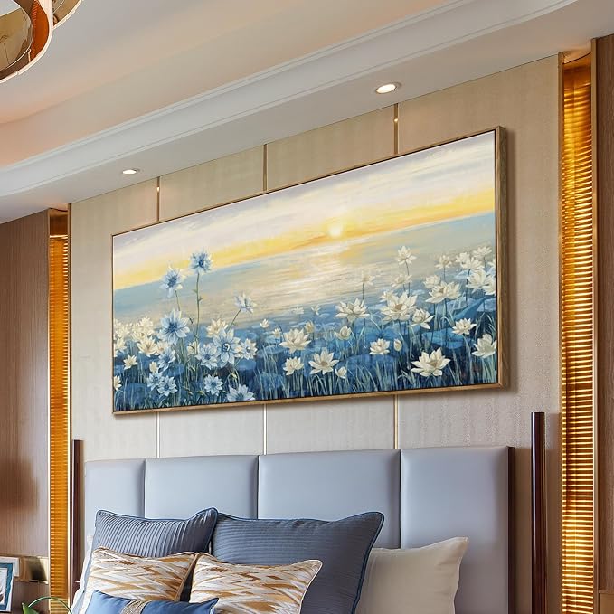 amatop Extra Large Wall Art for Living Room Modern Framed Coastal Beachy Canvas Wall Art Big Floral Sunrise Blue Wall Picture Oversized Lake Nature Sunset Artwork for Office Bedroom Decor 58"x29"