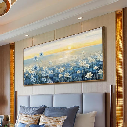 amatop Extra Large Wall Art for Living Room Modern Framed Coastal Beachy Canvas Wall Art Big Floral Sunrise Blue Wall Picture Oversized Lake Nature Sunset Artwork for Office Bedroom Decor 58"x29"