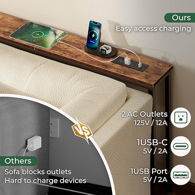 SUPERJARE 51.2 Inch Sofa Table with Power Outlet and USB-C Port, 5.9 Inch Narrow Console Table, Entryway Hallway Couch Table with Storage, Behind Sofa, Small Spaces, Living Room, Rusitc Brown