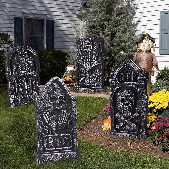 Sizonjoy Halloween Decorations, Foam RIP Graveyard Tombstones, 4 Pack Graveyard Headstone Decorations with 8 Bonus Stakes for Lawn Outside Decor (17In)