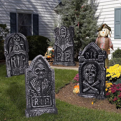 Sizonjoy Halloween Decorations, Foam RIP Graveyard Tombstones, 4 Pack Graveyard Headstone Decorations with 8 Bonus Stakes for Lawn Outside Decor (17In)