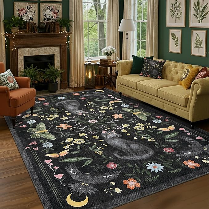 GarveeHome 5x7 Cat Area Rug Black Washable Rugs for Living Room Bedroom, Soft Mushroom Floral Low Pile Non Slip Floor Mat Animal Print Throw Rug Indoor Carpet for Dorm Playroom Gothic Decor
