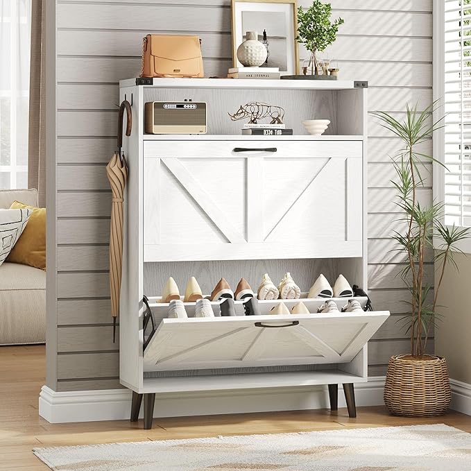 Vabches Shoe Storage Cabinet with 2 Flip Drawers,Freestanding Narrow Shoe Organizer with Open Storage,Hidden Slim Organizer Rack for Entryway,Hallway,White