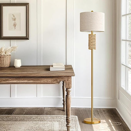 Oneach 62” Modern Floor Lamp for Living Room, Gold Boho Standing Lamp with Unique Rattan Design, Rotary Switch, Farmhouse Tall Lamps for Bedroom Office Dining Room (Without Bulb)