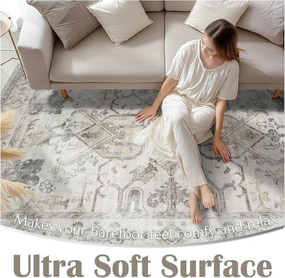 jinchan 4x6 Machine Washable Area Rugs Ultra-Thin Soft Throw Rug Low Pile Non-Slip Stain Resistant Distressed Vintage Floral Carpet for Bedroom,Living Room,Dining Room,Kitchen,Nursery(4x6ft,Taupe)