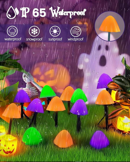 2PK 55FT 32LED Orange and Green Solar Mushroom Lights Outdoor, Solar String Light with 8 Lighting Modes Auto On/Off, Halloween Garden Lights for Witch Decorations