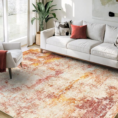 Area Rug Living Room Rugs - 6x9 Washable Modern Neutral Abstract Rugs Soft Low Pile No Slip Stain Resistant Rug Indoor Large Carpet for Bedroom Dining Room Nursery Room Home - Pink/Orange
