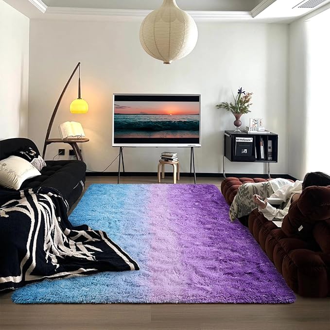 DweIke Luxury Fluffy Kids Rugs for Living Room Bedroom, 6x9 Large Shaggy Purple and Blue Area Rug for Girls Boys, Upgrade Plush Non-Slip and Washable Colorful Fuzzy Carpet for Dorm Nursery Decor