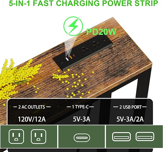 94.5" Behind Couch Table with 2 Fast Charging Stations, 7.1" Narrow Skinny Sofa Table with 4 Power Outlets, 4 USB-A, 2 USB-C for Console Entryway, Rustic Brown