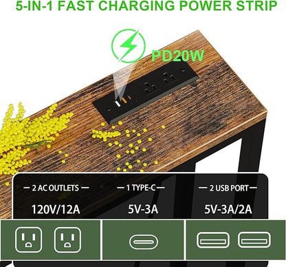 94.5" Behind Couch Table with 2 Fast Charging Stations, 7.1" Narrow Skinny Sofa Table with 4 Power Outlets, 4 USB-A, 2 USB-C for Console Entryway, Rustic Brown
