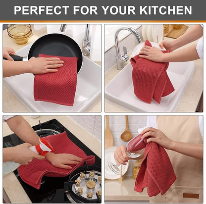 Kitinjoy 100% Cotton Waffle Weave Kitchen Towels, 4-Pack Super Soft and Absorbent Dish Towels for Drying Dishes, Kitchen Hand Towels, 13 in x 28 in, Brick Red