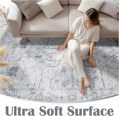 jinchan 6x9 Area Rugs for Living Room Washable Soft Throw Rug Ultra-Thin Stain Resistant Non-Slip Distressed Vintage Floral Large Carpet for Bedroom,Dining Room,Home Office,Nursery (6x9ft,Grey)