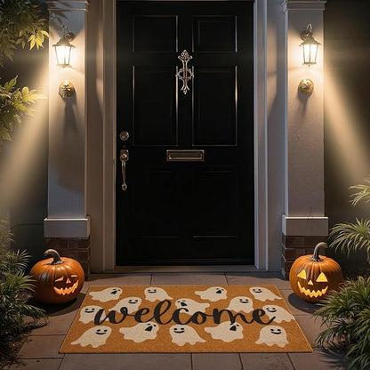 Halloween Door Mat Spooky Ghost Welcome Mat for Front Door Outdoor Entrance Doormat Coir Dirt Trapper with Non Slip Backing, 17x30, Welcome Ghost