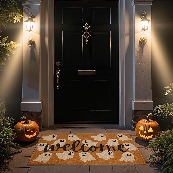 Halloween Door Mat Spooky Ghost Welcome Mat for Front Door Outdoor Entrance Doormat Coir Dirt Trapper with Non Slip Backing, 24x36, Welcome Ghost