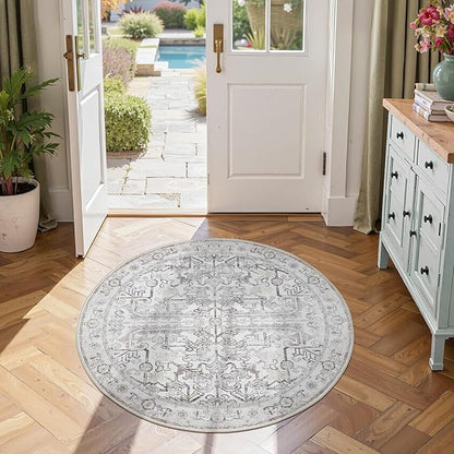 jinchan Round Rug 4ft Vintage Machine Washable Area Rug Kitchen Indoor Circle 4' Ultra-Thin Non-Slip Floral Print Carpet for Farmhouse Entryway Dining Room Living Room Bedroom Office (4'Round,Taupe)