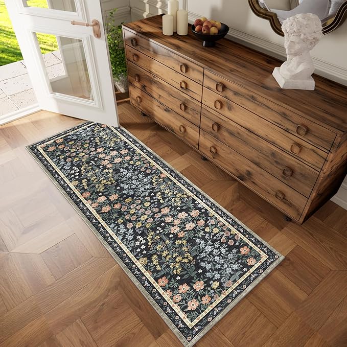 Machine Washable Rug Runners for Hallways: 2'6"x8' Kitchen Rugs Stain Resistant Non Slip Low Pile Soft Carpet Runner Rug for Entryway Bedroom Indoor Bedside Bathroom Laundry Room Farmhouse