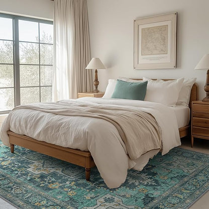 GENIMO 9x12 Area Rugs for Living Room, Machine Washable Non Slip Vintage Rugs, Low Pile Lightweight Chenille Print Rug for Bedroom, Dining Room, Home Office, Dark Green