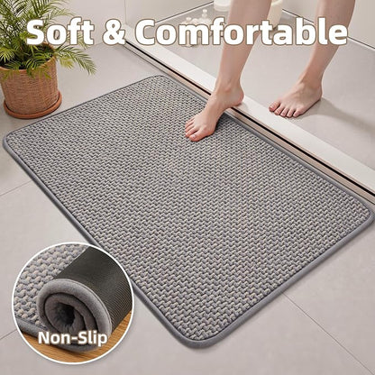 PADOOR-Bath Mat-Super Absorbent Chenille Bathroom Mats-Rubber Backed Bath Mats for Bathroom Non Slip, Easy Clean Bathroom Rugs Front of Bathtub,Shower Room,Sink-17×28, Grey&Beige