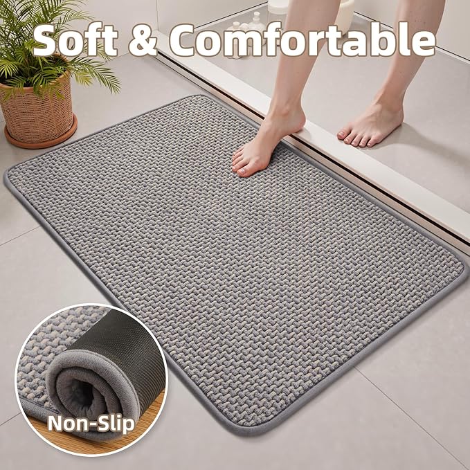 PADOOR-Bath Mat-Super Absorbent Chenille Bathroom Mats-Rubber Backed Bath Mats for Bathroom Non Slip, Easy Clean Bathroom Rugs Front of Bathtub,Shower Room,Sink-17×35, Grey&Beige