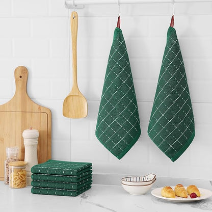 Mordimy 100% Cotton Terry Cloth Dish Cloths, Soft and Absorbent Checkered Dish Towels, Quick Drying Dish Rags for Washing Dishes, 12 Pack, 12 x 12 Inches, Dark Green