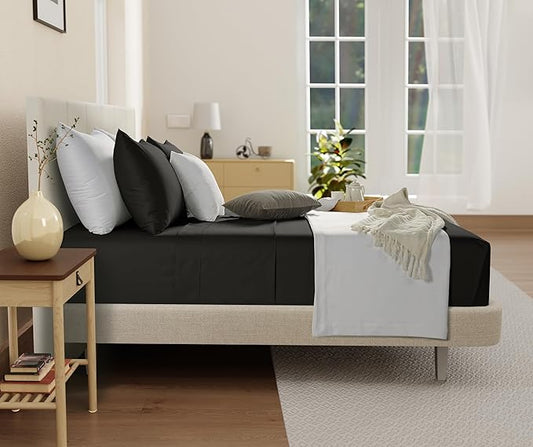 300TC 100% Organic Cotton Twin Size Sheets Set, Twin Bed Sheets Luxury Hotel Collection Fully Elasticated Sheet & Pillowcase Sets, Machine Washable No Pill Fade Resistant Black Sheet