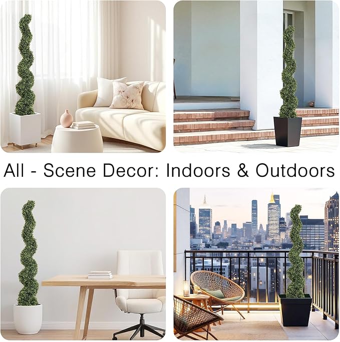 THE BLOOM TIMES 5ft Tall Spiral Topiary Trees Artificial Outdoor Set of 2, UV Resistant Large Faux Evergreen Fake Boxwood Plants for Front Porch Outside Planter Entryway Entrance Decor 5 Foot