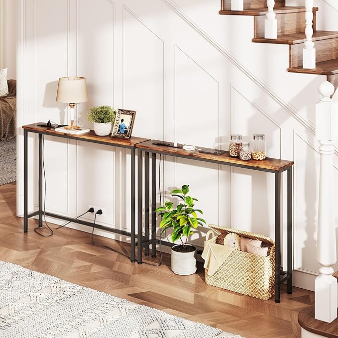 VERMESS 2 Pack Sofa Table with Power Outlets for Entryway, 39 inch Long Behind Couch Table with Metal Frame and 6.5’ Extension Cord for Hallway, Foyer, Living Room, Rustic Brown