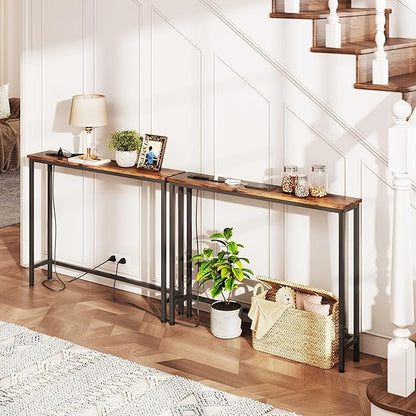 VERMESS 2 Pack Sofa Table with Power Outlets for Entryway, 39 inch Long Behind Couch Table with Metal Frame and 6.5’ Extension Cord for Hallway, Foyer, Living Room, Rustic Brown