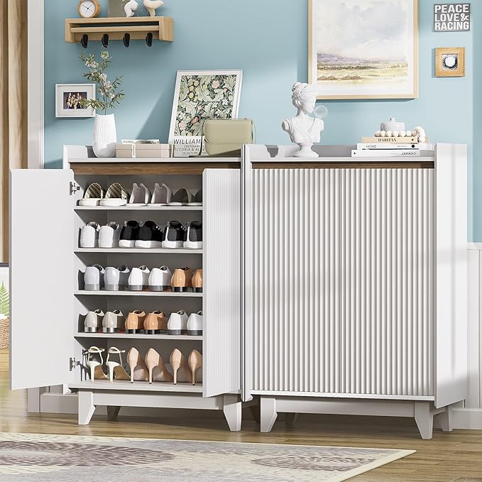White Fluted Shoe Cabinet with Adjustable Shelves, Shoe Cabinet Storage for Entryway Hallway Living Room Bedroom, Shoe Rack Cabinet with 2 Doors 2PC, White & Walnut 43.7” H