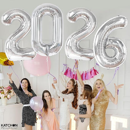 Katchon, Giant Silver 2026 Balloons - 42 Inch | New Year Balloons | 2026 Balloon Numbers | Silver Balloon for New Years Decorations 2026 | NYE Decorations | New Years Eve Party Supplies 2026