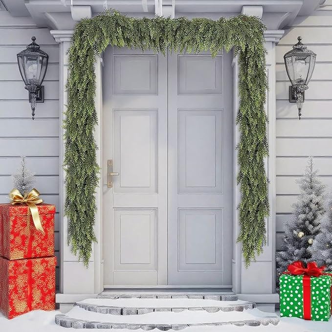 9FT Lifelike Cedar Christmas Garland,Artificial Realistic Faux Green Cedar Pine Garland,Thick and Lush,Soft Bendable, for Home Fireplace Indoor/Outdoor Christmas Holiday Party Decorations