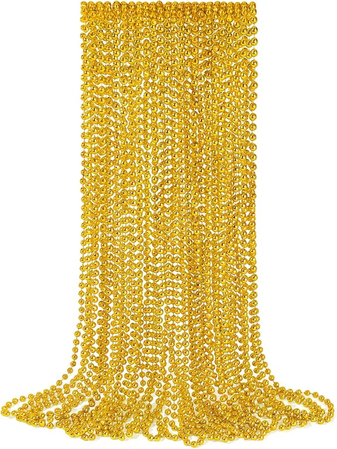 YAXINRUI 12 PCS Gold Bead Necklaces, Christmas Bead Necklaces, Gold Mardi Gras Beads, 33 Inch Round Beaded Necklaces for Mardi Gras Party Christmas New Year Eve Festive Events, Party Favors