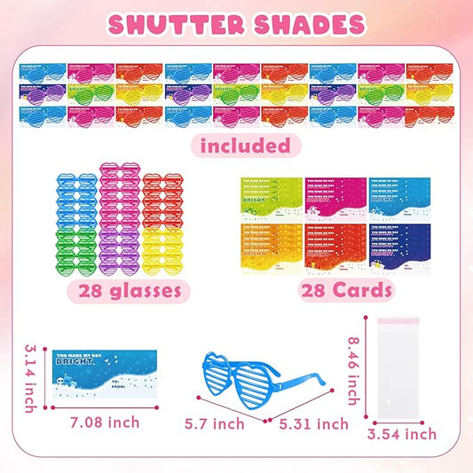 Amy&Benton 28PCS Shutter Glasses Toys with Valentines Gift Cards, Valentines Day Heart Shaped Shutter Shade Glasses for Kids Classroom Exchange Gifts Praty Prizes Bulk