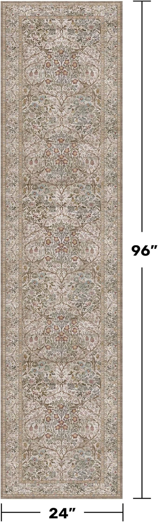 2x8 Moss Green Washable Bathroom Runner Rug - Non Slip Floral Rugs for Entryway Indoor, Kitchen - Vintage Floral Design Orenital Home Décor, Stain Resistant Carpet