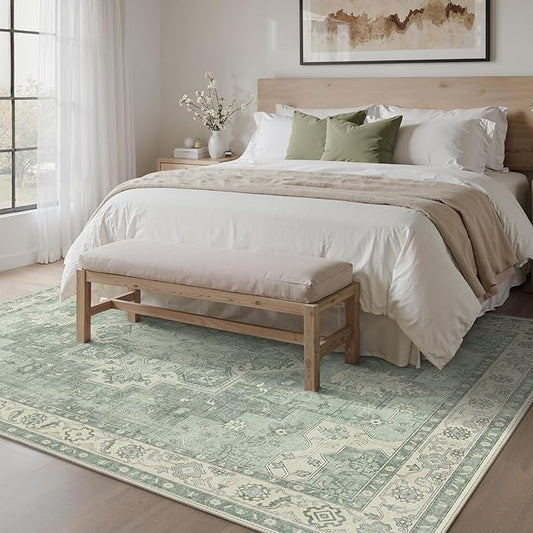 GENIMO 8x10 Area Rugs for Living Room, Machine Washable Non Slip Vintage Rugs, Low Pile Lightweight Chenille Print Rug for Bedroom, Dining Room, Home Office, Light Green