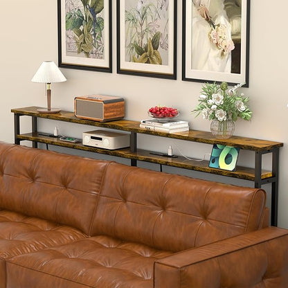 70 Inch Double-Layer Narrow Console Sofa Table with 2 Power Outlets&4 AC Plugs&4 USB Ports, 4.9' Extension Cord Included, Behind Couch Table for Living Room/office Easy Assembly - Rustic Brown
