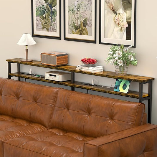 78 Inch Double-Layer Narrow Console Sofa Table with 2 Power Outlets&4 AC Plugs&4 USB Ports, 4.9' Extension Cord Included, Behind Couch Table for Living Room/office Easy Assembly - Rustic Brown