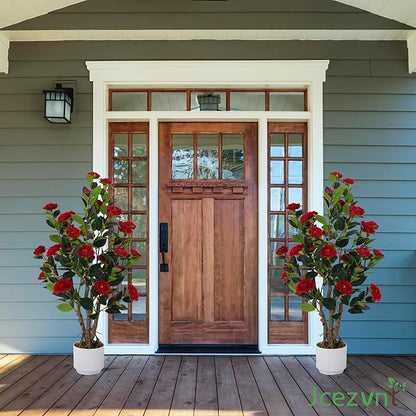 2 Pack Artificial Camellia Tree with White Pot, 38" Faux Potted Plants for Indoor Outdoor Decor, Tall Silk Greenery Plant for Home Office Living Room Balcony, Red