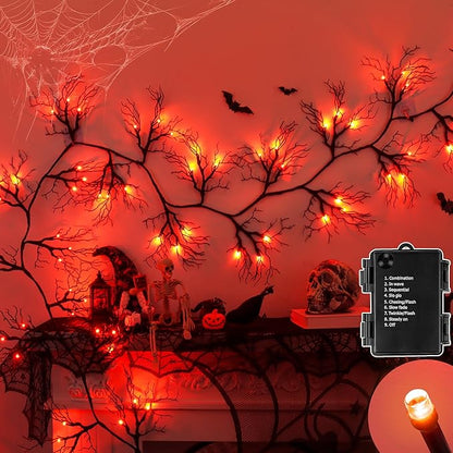 9 FT 66 LED Halloween Black Garland Willow Vine Twig Decor with Orange Light, 8 Modes & Timer Battery Operated Waterproof Halloween Decorations Indoor for Mantle Fireplace Home Office Party Decor