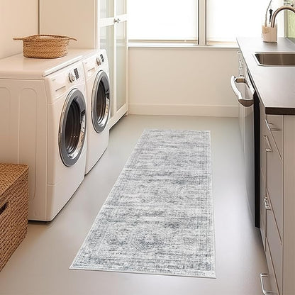 Kitchen Runner Rugs Non Skid Washable - 2.5 x 10 Runner Rug with Anti Slip Backing, Ultra-Thin Soft Rug Runner for Hallway, Bedroom, Living Room (2'x10', Grey/Ivory)