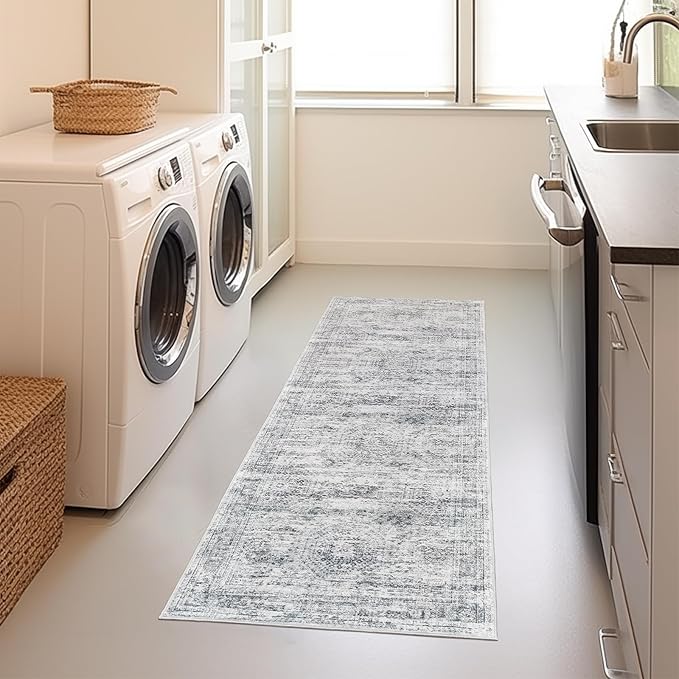 Long Hallway Runner Rug- Carpet Runners for Hallway 12ft, Anti Slip Backing Washable Rug Runner for Bathroom, Entrance, Living Room, Soft Low Pile Mordern Rug Runner(2'x12', Grey/Ivory)