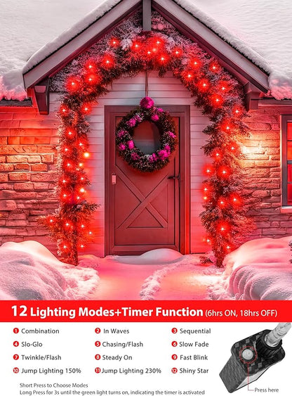 Minetom Christmas Lights Outdoor Cluster Lights - 200 LED 10 Ft Christmas Firecrackers String Lights, 12 Modes Timer Waterproof Connetable Plug in Twinkle Fairy Lights for Xmas Tree Party, Red