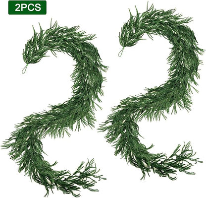 Christmas Norfolk Pine Garland, 2PCS 9Ft Real Touch Artificial Pine Greenery Christmas Garlands for Table Fireplace Wall Home Indoor Outdoor Decoration