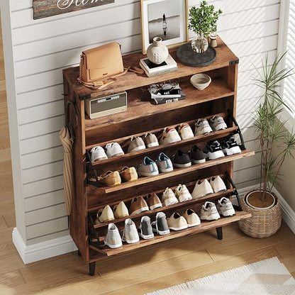 Vabches Shoe Storage Cabinet with 2 Flip Drawers,Freestanding Narrow Shoe Organizer with Open Storage,Hidden Slim Shoe Rack Cabinet for Entryway,Brown (2 Pack)