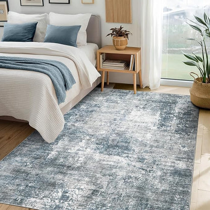 Modern Abstract Washable Area Rug - 5x7 Large Living Room Rugs Soft Stain Resistant Non-Slip Low Pile Foldable Neutral Carpet for Indoor Bedroom Dining Room Home Studio Office - Blue/Grey