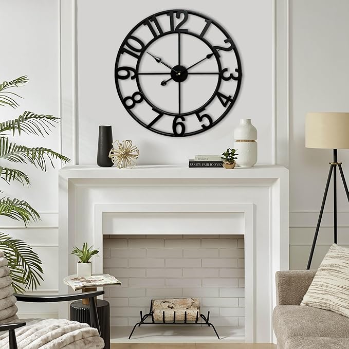 CLXEAST 24 Inch Wall Clocks for Living Room Decor, Large Black Metal Wall Clock Battery Operated, Silent/Non Ticking, Regular Arabic Numeral