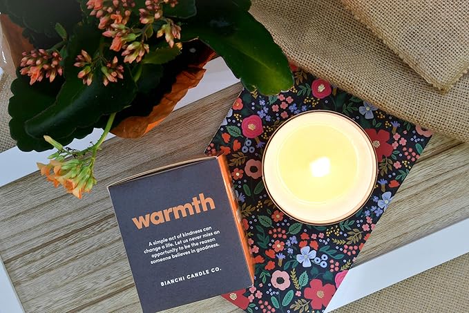 Warmth, Inspirational 8oz Highly-Scented Soy Candle, Made in USA, Great Message, Pure Essential Oils, Aromatherapy, 100% Pure, Buttered Rum & Tangerine