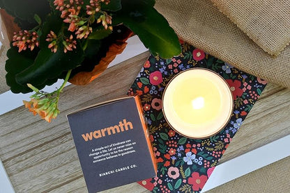 Warmth, Inspirational 8oz Highly-Scented Soy Candle, Made in USA, Great Message, Pure Essential Oils, Aromatherapy, 100% Pure, Buttered Rum & Tangerine